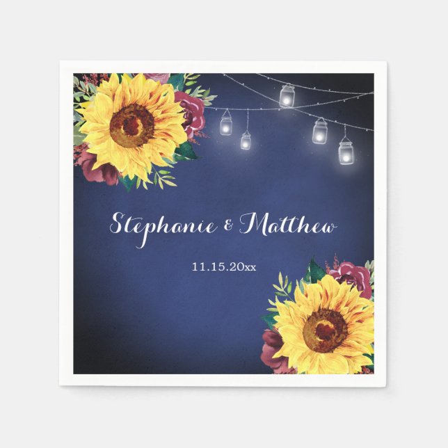 Guardanapo De Papel Casamento de Marinho Rustic Sunflower Mason Jar Li (Frente)