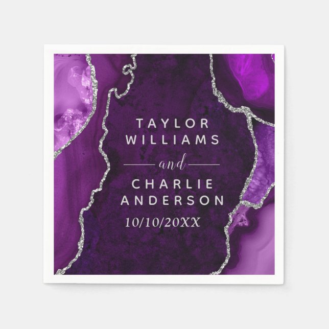 Guardanapo De Papel Casamento de mármore de agata de roxo e prata (Frente)