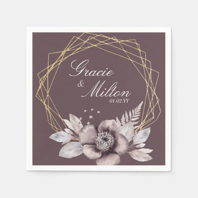 Guardanapo De Papel Casamento de Mauve Floral do Monograma Elegante (Frente)