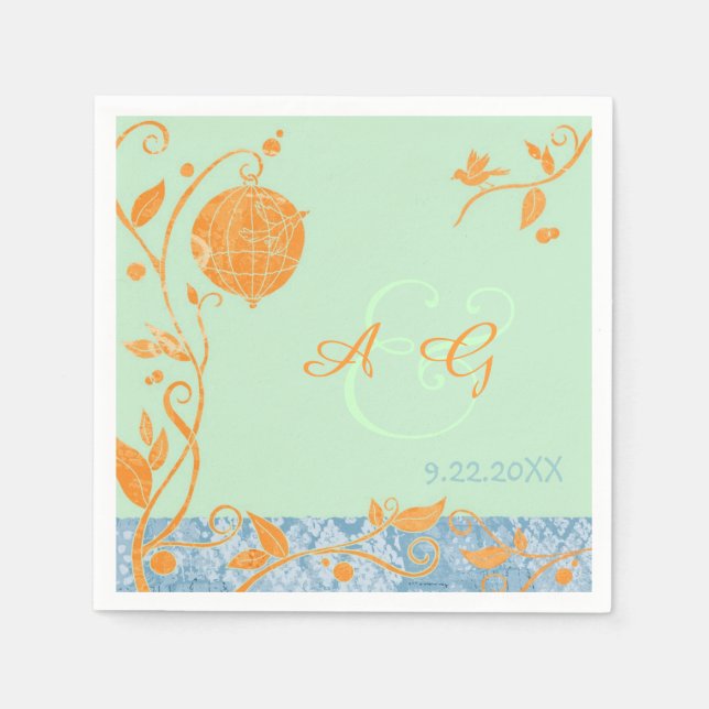 Guardanapo De Papel Casamento de Mint Green & Orange Love Birds (Frente)
