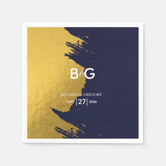 Guardanapo De Papel Casamento de Monograma Azul com Marinho Dourado Fa (Frente)