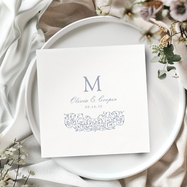 Guardanapo De Papel Casamento de Monograma Clássico com Ornamentado de (Dusty Blue Vintage Ornate Classic Monogram Wedding Napkins)
