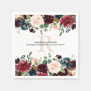 Guardanapo De Papel Casamento de Monograma com Aquarela Floral Rosa Bu
