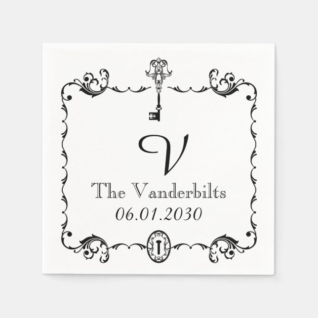 Guardanapo De Papel Casamento de Monograma de Chave Negra e Branca (Frente)