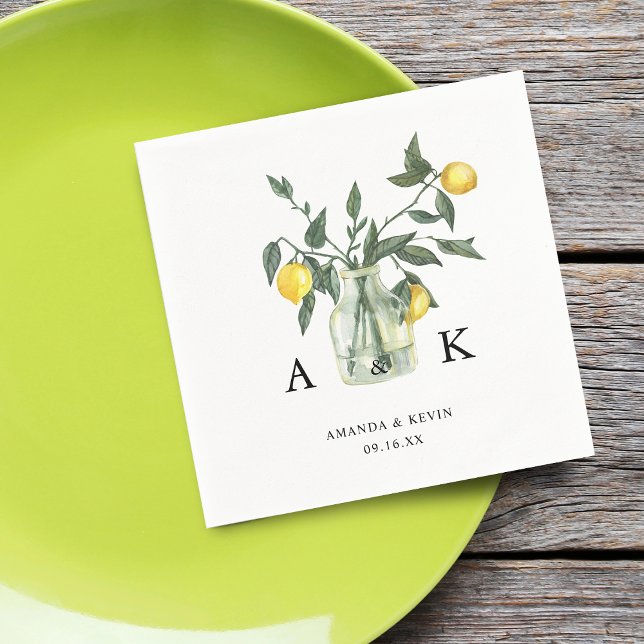 Guardanapo De Papel Casamento de Monograma de Verdura de Limão Cítrico (Summer Citrus Lemon Greenery Monogram Wedding Napkins)