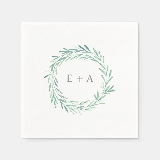 Guardanapo De Papel Casamento de Monograma de Wreath Verde Elegante (Frente)