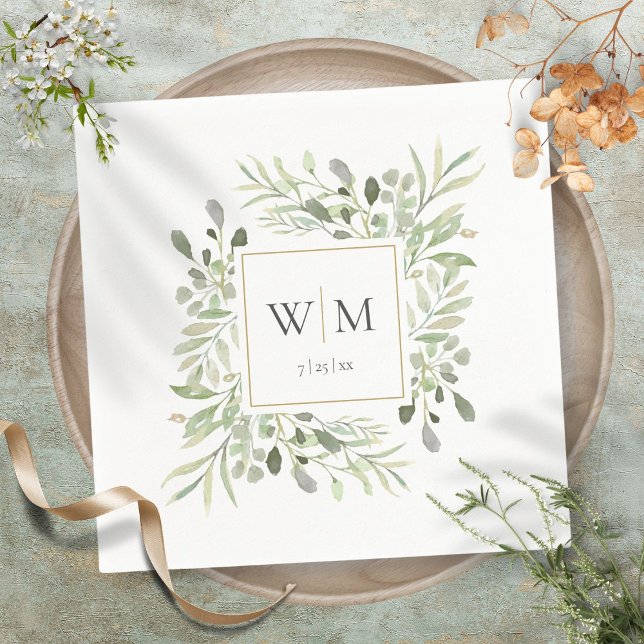 Guardanapo De Papel Casamento de Monograma Dourado com Elegância Verde (Elegant Greenery Gold Monogram Wedding Napkins)