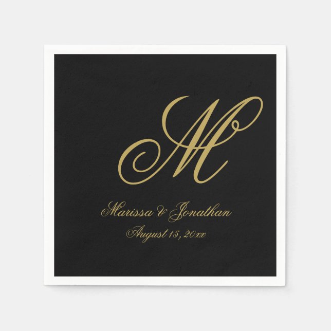 Guardanapo De Papel Casamento de Monograma Dourado Negro Elegante (Frente)