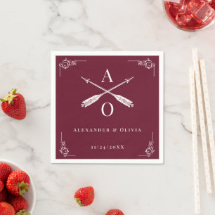 Guardanapo De Papel Casamento de Monograma e Setas de Vinho Vermelho