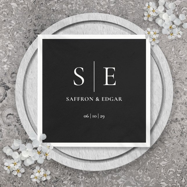 Guardanapo De Papel Casamento De Monograma Moderno Preto E Branco (Black And White Modern Monogram Wedding Napkins)