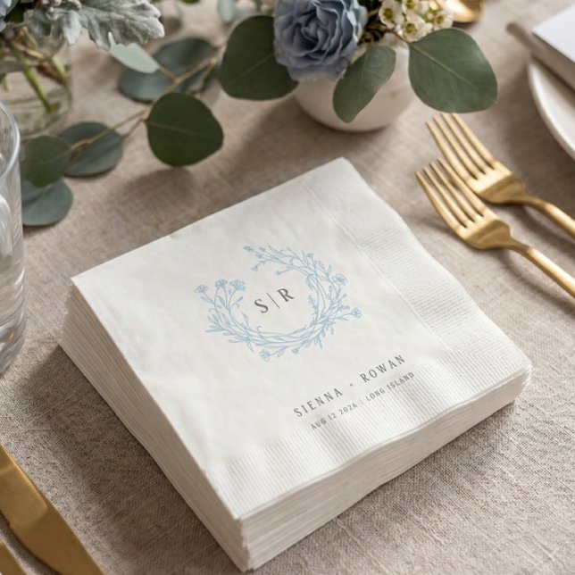 Guardanapo De Papel Casamento de Monograma Ornate Azul Macio Boho (Criador carregado)