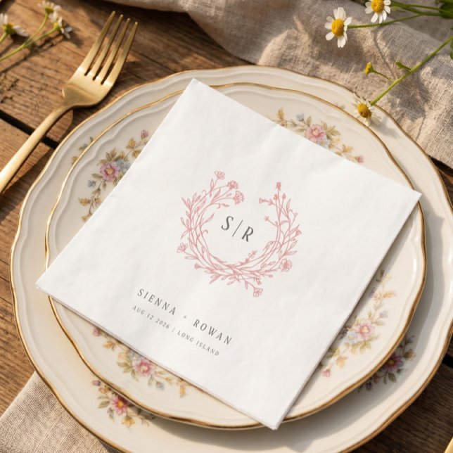 Guardanapo De Papel Casamento de Monograma Ornate Boho Rosa Corado (Criador carregado)