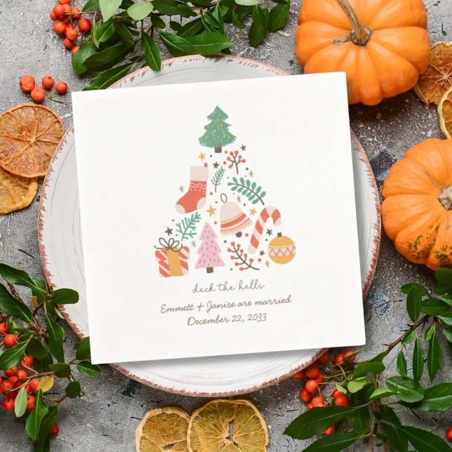Guardanapo De Papel Casamento de Natal Retrô Ilustrado Decore os Corre (Retro Christmas Wedding Napkin Illustrated Deck the Halls Napkins
)