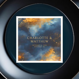 Guardanapo De Papel Casamento de Nomes de Ouro Azul Celestial Abstrato