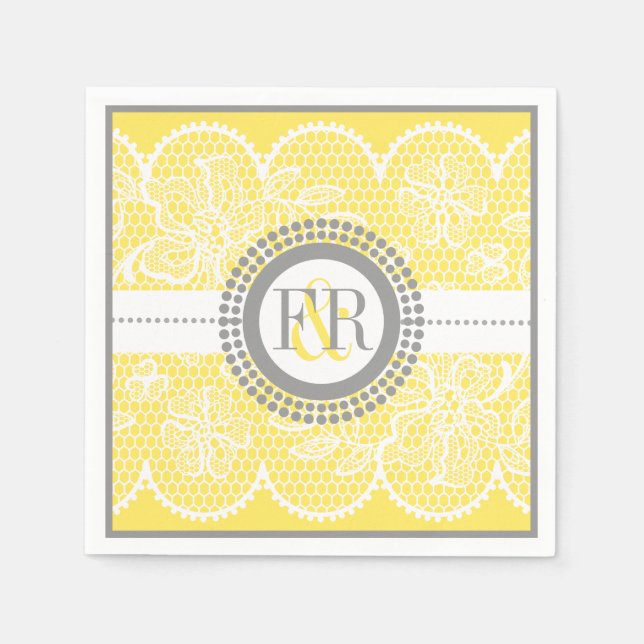 Guardanapo De Papel Casamento de padrão de renda branco e amarelo (Frente)