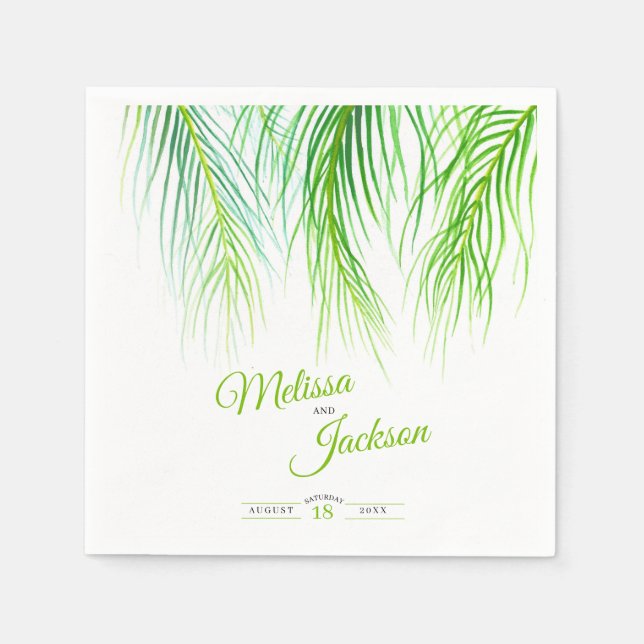 Guardanapo De Papel Casamento de palmeiras tropicais verde e branco (Frente)