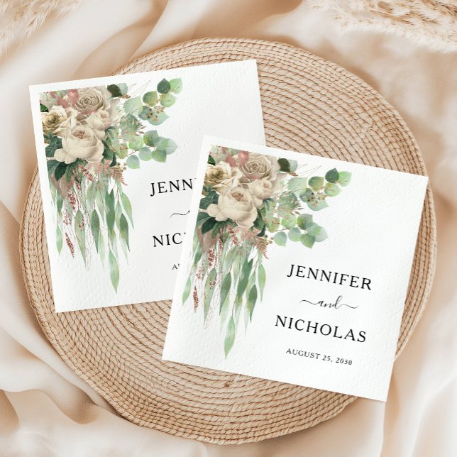 Guardanapo De Papel Casamento de peões brancos e negros florais elegan (Elegant Floral Black & White Peonies Wedding Napkins)