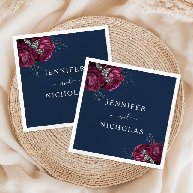 Guardanapo De Papel Casamento de Peônias de Borgonha Azul com Marinho  (Elegant Floral Navy Blue Burgundy Peonies Wedding Napkins)