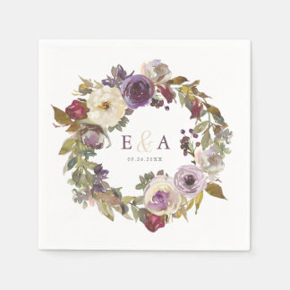 Guardanapo De Papel Casamento de Plum e Ivory Floral Watercolor Napkin