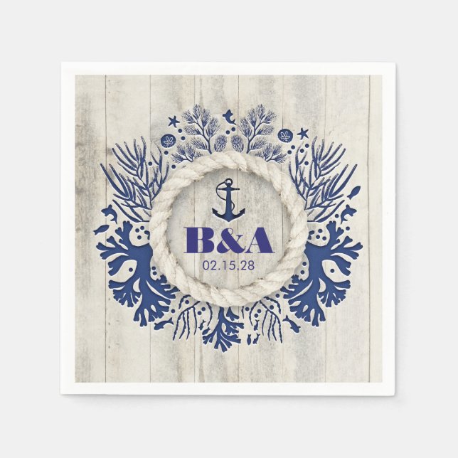Guardanapo De Papel Casamento de Praia de Driftwood Rustic marinho (Frente)