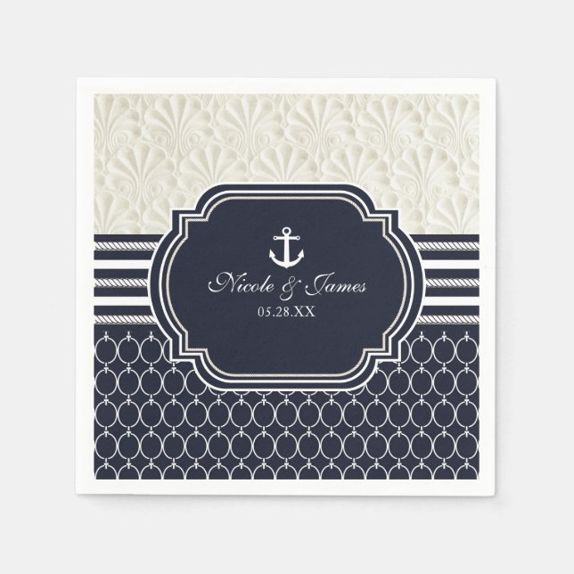 Guardanapo De Papel Casamento de Praia Elegante Azul Marinho e Branco (Frente)
