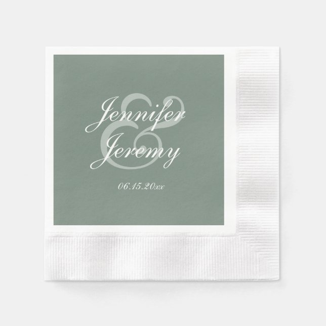 Guardanapo De Papel Casamento de Script Branco Elegante Verde do Sage  (Frente)