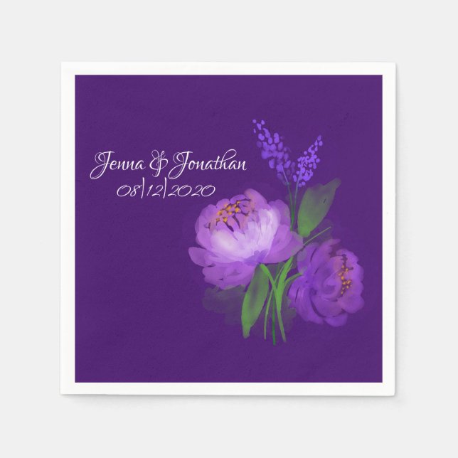 Guardanapo De Papel Casamento de Script Floral Roxo Elegante (Frente)