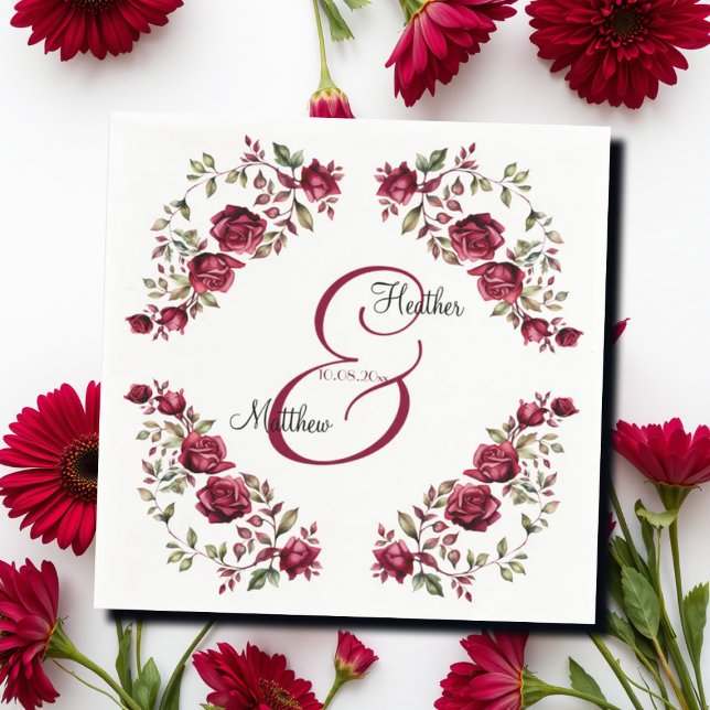 Guardanapo De Papel Casamento de Script Moderno Floral da Burgundy (Criador carregado)