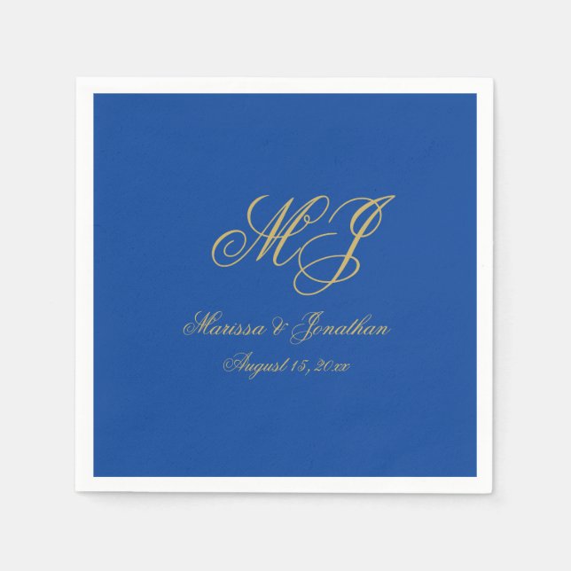 Guardanapo De Papel Casamento de Script Monograma Dourado Azul com Sap (Frente)