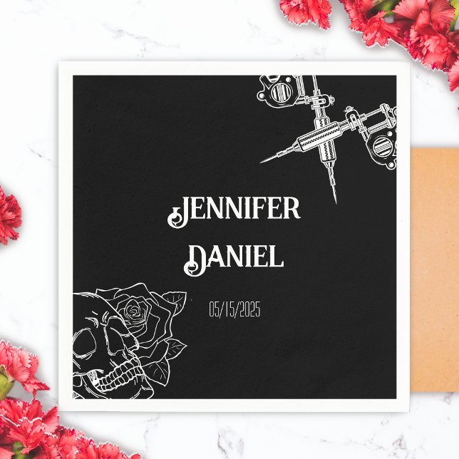 Guardanapo De Papel Casamento de Tatuagem do Crânio Negro e Branco (Black and White Skull Tattoo Wedding Napkin)