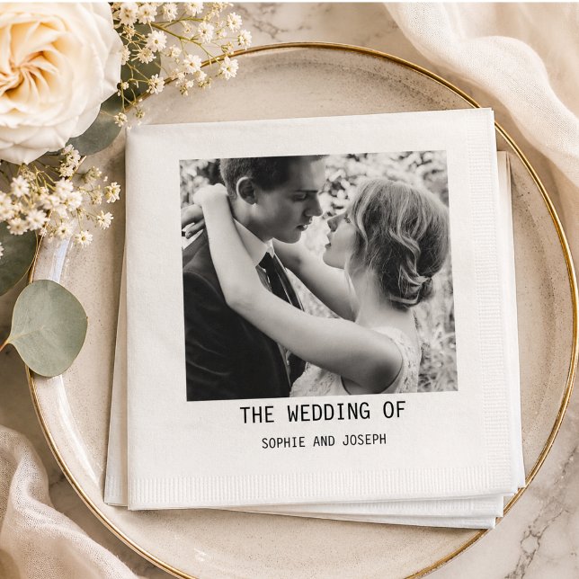 Guardanapo De Papel Casamento de Texto e Foto Simples e Elegante | Cód (Simple Elegant Text & Photo | QR Code Wedding Napkins)