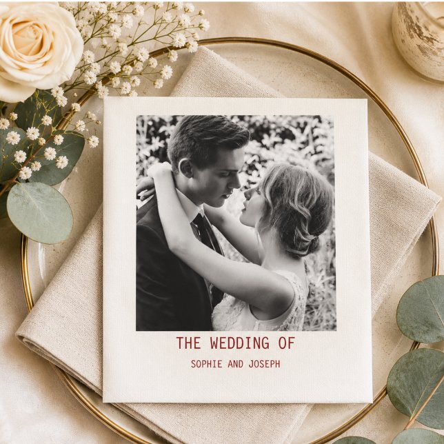 Guardanapo De Papel Casamento de Texto e Foto Simples e Elegante | Cód (Simple Elegant Text & Photo | QR Code Wedding Napkins)