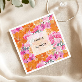 Guardanapo De Papel Casamento de Verão Floral Rosa e Laranja Desbotado