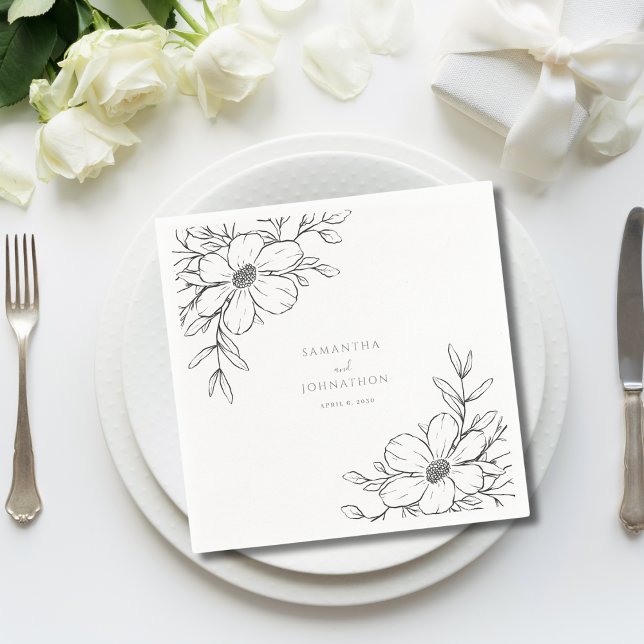 Guardanapo De Papel Casamento Desenho Linear Floral Preto Branco Moder (Criador carregado)