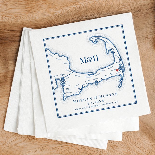 Guardanapo De Papel Casamento do Elegante Wequassett Resort (Wequassett Resort Wedding Napkins with Elegant Navy Blue Cape Cod Map from Coastal Map Designs)