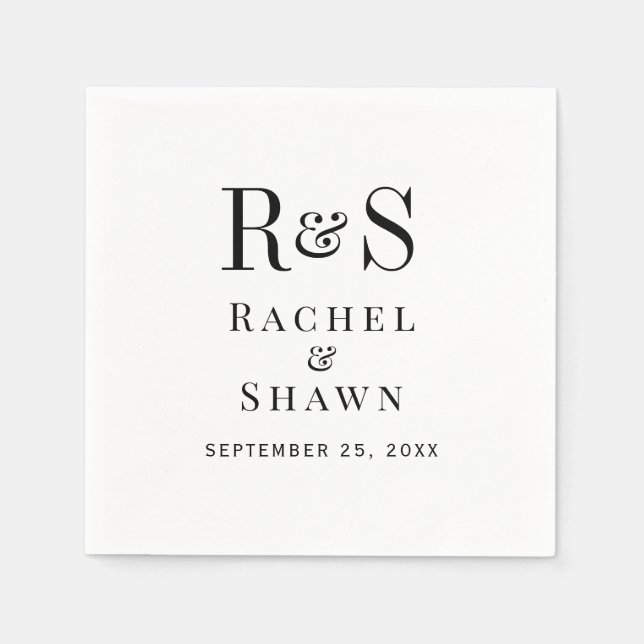 Guardanapo De Papel Casamento do Monograma Moderno Branco e Chic Negro (Frente)