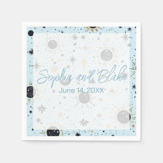 Guardanapo De Papel Casamento Dourado Azul Celestial Preto (Frente)