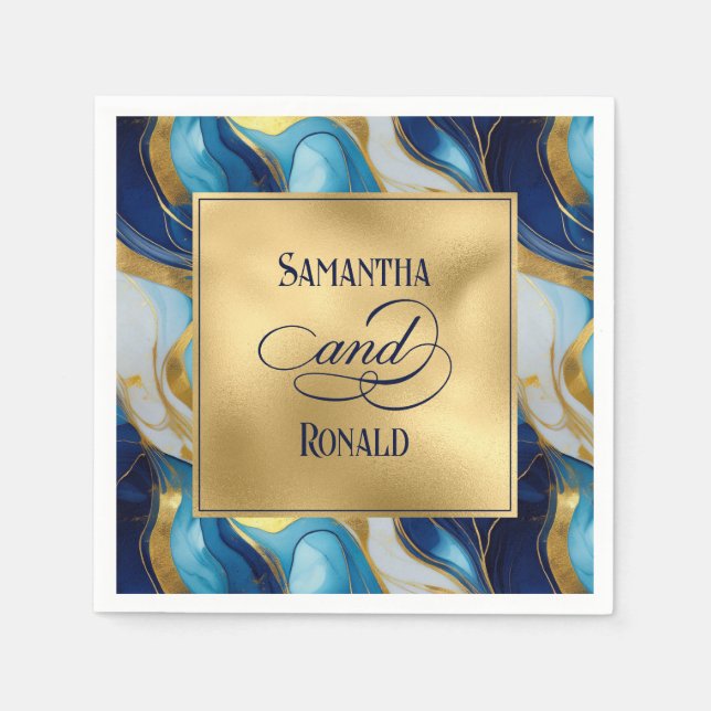 Guardanapo De Papel Casamento Dourado, Azul e Branco Marmoreado Elegan (Frente)
