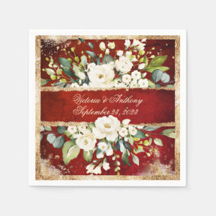 Guardanapo De Papel Casamento Dourado Botânico Floral Vermelho Vermel