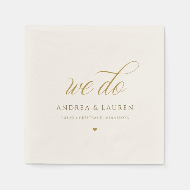 Guardanapo De Papel Casamento Dourado com Creme de Caligrafia Elegante (Frente)