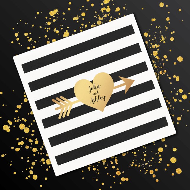 Guardanapo De Papel Casamento Dourado com Stripes Brancas e Negras (Criador carregado)
