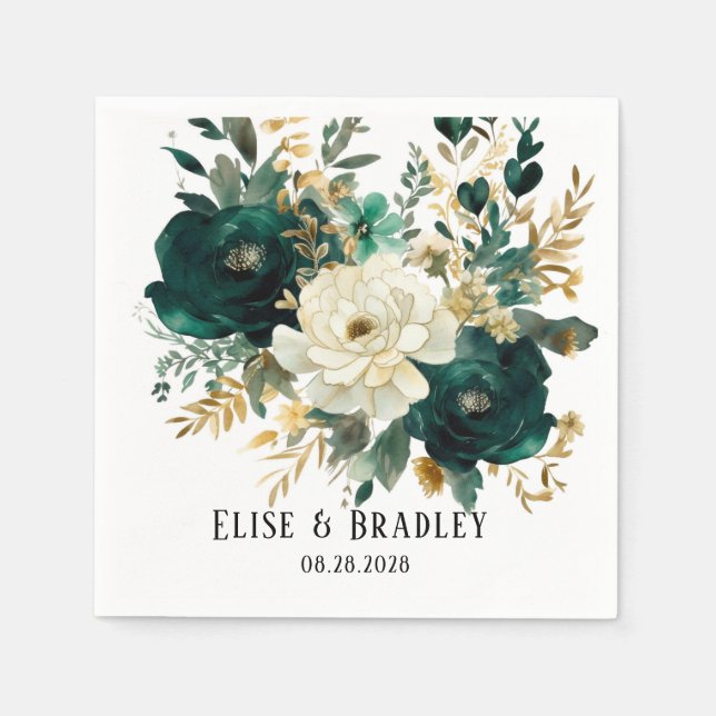 Guardanapo De Papel Casamento Dourado de Peonies Emerald Green e White (Frente)