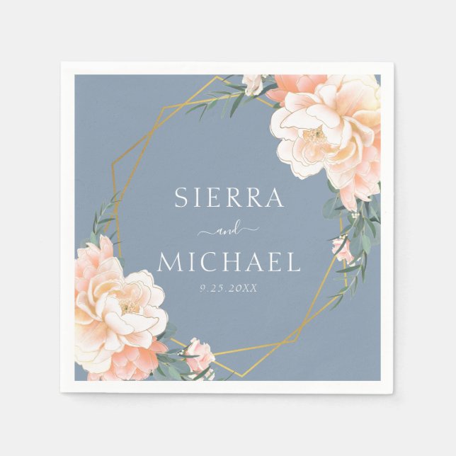 Guardanapo De Papel Casamento Dourado de Pêssego Azul Elegante (Frente)