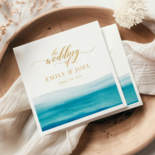 Guardanapo De Papel Casamento Dourado de Praia com Oceano Watercolor
