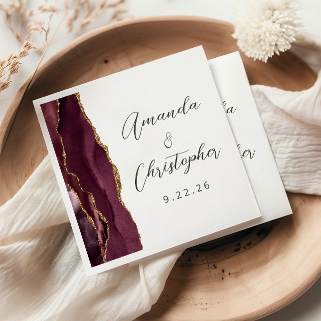 Guardanapo De Papel Casamento Dourado de Script Agate Burgundy (Criador carregado)