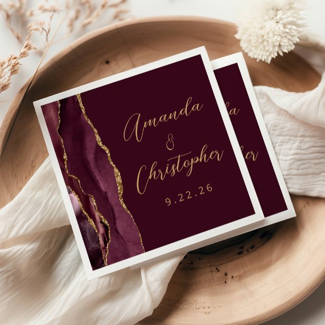 Guardanapo De Papel Casamento Dourado de Script Agate Burgundy (Criador carregado)