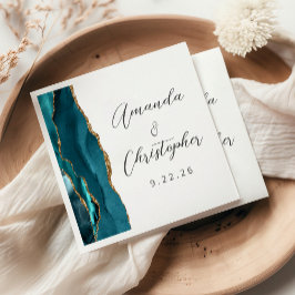 Guardanapo De Papel Casamento Dourado de Script Azul de Agate Teal