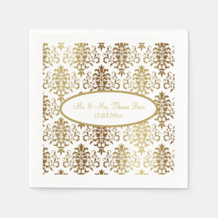 Guardanapo De Papel Casamento Dourado de Script Branco Damask Elegante