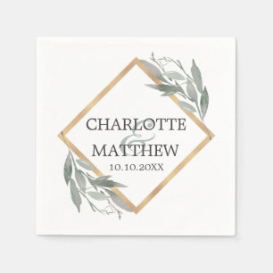 Guardanapo De Papel Casamento Dourado Elegante De Folha Botânica Sage