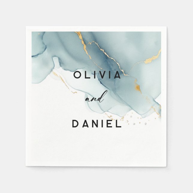 Guardanapo De Papel Casamento Dourado Elegante de Praia Chic Azul Mode (Frente)